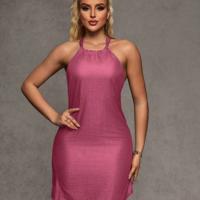 Bon&Bon Women's Army Green Halter Neck Backless Short Denim Dress Red Violet / XXL