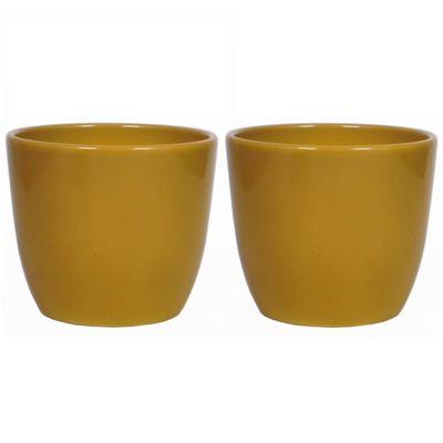 3x stuks bloempot glanzend oker geel keramiek voor kamerplant H9.8 x D12 cm   -