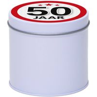 Cadeau voor Abraham/Sarah wit bewaarblik/opbergblik 10 cm met 50 jaar sticker - Cadeaudoosjes