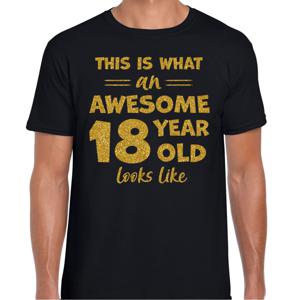 Cadeau T-shirt voor heren - leeftijd 18 jaar - awesome - zwart - glitter goud - Verjaardagsfeest