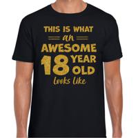 Cadeau T-shirt voor heren - leeftijd 18 jaar - awesome - zwart - glitter goud - Verjaardagsfeest