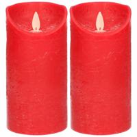 Led kaars/stompkaars - 2x - rood - H15 x D7,5 cm - wax - warm wit licht - bewegende vlam