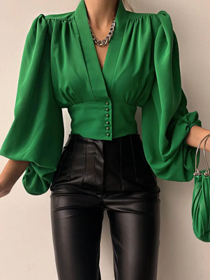 Plain Loose V Neck Casual Blouse