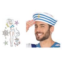 Carnaval verkleed Matrozen hoedje - wit - met zeeman plak tatoeages - volwassenen - thumbnail