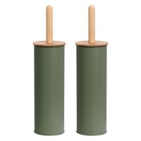 2x Stuks WC/Toiletborstel in houder metaal/bamboe hout - salie groen - 38 x 10 cm