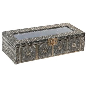 Theedoos/theekist India de Luxe - Aluminium - grijs - 4 vakken - 23 x 9 x 6 cm