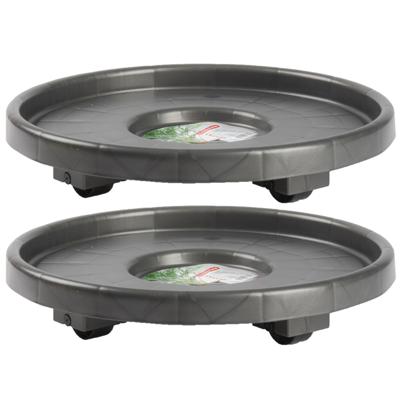 PlasticForte Plantenonderzetter - Set van 3x stuks - rond - 34 cm - antraciet - multiroller voor kam