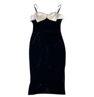 Bettie Page Diamond Pencil Dress Velvet Black Cream Satin Bow-S