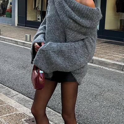 Bon&Bon Women's Off-Shoulder Loose Casual Sweater - Dark Grey Knit Dark Grey / M