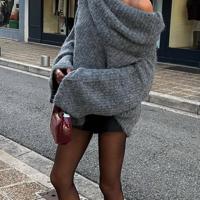 Bon&Bon Women's Off-Shoulder Loose Casual Sweater - Dark Grey Knit Dark Grey / M