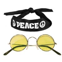 Hippie Flower Power verkleedset - Peace hoofdband - met ronde glazen verkleed bril - geel