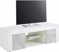 Tv-meubel Easy 138 cm breed in hoogglans wit met grijs beton - thumbnail