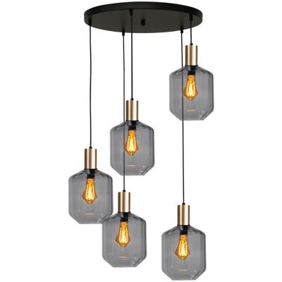 Masterlight 5-lichts vide hanglamp - goud -Porto met Jagger smoke glazen - 2712-05-02-50-5-11
