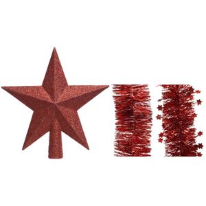 Kerstversiering kunststof glitter ster piek 19 cm en folieslingers pakket rood van 3x stuks