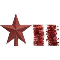 Kerstversiering kunststof glitter ster piek 19 cm en folieslingers pakket rood van 3x stuks - thumbnail