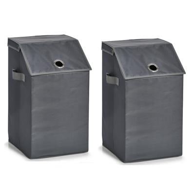 Zeller Wasmand - Set van 2x stuks - antraciet - met deksel - polyester - 34 x 34 x 60 cm - Wasgoedma