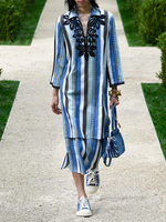 Striped Boho Embroidery V Neck Dress With No
