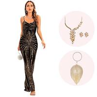 Retro vintage Roaring jaren '20 Jaren 1920 Flapper jurk Cosplay kostuum Outfits The Great Gatsby Dames Pailletten Kerstmis Halloween Feest / Uitgaan 1 Ketting Lightinthebox - thumbnail