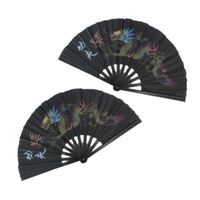 2x stuks handwaaiers/Tai Chi waaiers draak zwart polyester - thumbnail