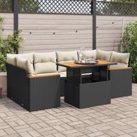 6-delige Loungeset met kussens poly rattan acacia zwart