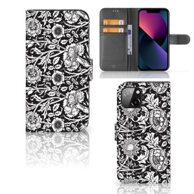 Apple iPhone 13 Hoesje Black Flowers | Portemonnee hoesje Apple iPhone 13 Hoesje Black Flowers | Portemonnee hoesje