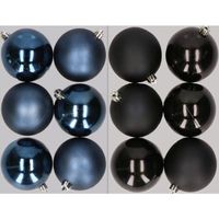 12x stuks kunststof kerstballen mix van donkerblauw en zwart 8 cm   -
