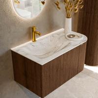 Badmeubel Mondiaz Kurve-Dlux | 85 cm | Meubelkleur Walnut | Wastafelkleur Glace | Solid surface | Links spoelbak | 1 kraangat