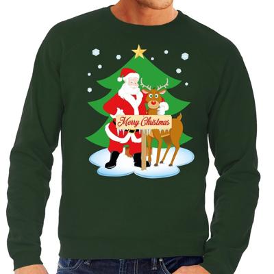 Foute kersttrui - kerstman en rendier Rudolf - groen - voor heren - kerst sweater