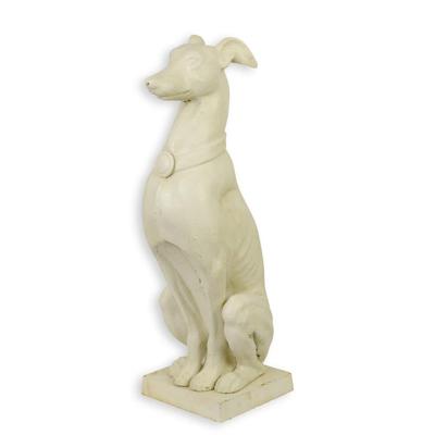 A CAST IRON SCULPTURE OF A SITTING GREYHOUND ON BASE