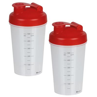 Shakebeker/shaker/bidon - 2x - 600 ml - rood - kunststof