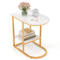 C-vormige Bijzettafel Moderne Bank-Bijzettafel met Imitatiemarmeren Blad 2-Laags Banktafel met Metalen Frame Wit+Goud