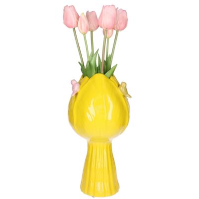 Countryfield vaas Tulip - tulpen vorm - vogeltjes - steen - geel - 18 x 32 cm