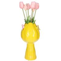Countryfield vaas Tulip - tulpen vorm - vogeltjes - steen - geel - 18 x 32 cm
