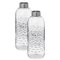 Glazen waterfles/drinkfles/sportfles - 2x - helder transparant - met RVS dop - 1000 ml
