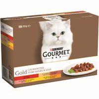 Gold fijne hapjes in saus met rund, kalkoen en eend, zalm en kip of kip en lever 12 x 85g kattenvoer - Gourmet