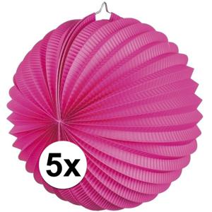 Lampion van papier - 5x - rond - fuchsia roze - Dia 22 cm - Versiering