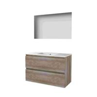 Basic-Line Ultimate 46 Badkamermeubelset - 100 x 46 cm - Greeploos - 2 Lades - Keramische Wastafel - 1 Kraangat - Spiegel met Indirecte LED Verlichting - Scotch Oak