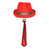 Carnaval verkleedset Classic - hoed en stropdas - rood - heren/dames - verkleedkleding - thumbnail