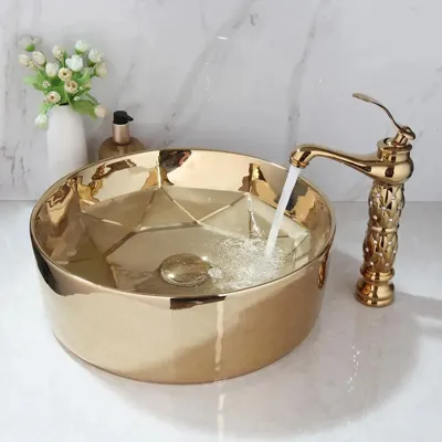 Luxe Handgeschilderde Keramische Wastafel met Gouden Kraan - Rond | Tafelmodel | Inclusief Pop-up Afvoer