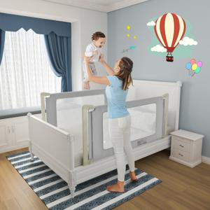 180 cm Bedreling-Valbescherming Baby Bedhek met Verstelbare Hoogte Verticaal Opheffen en Dubbele Veiligheidssluiting Wit + Grijs