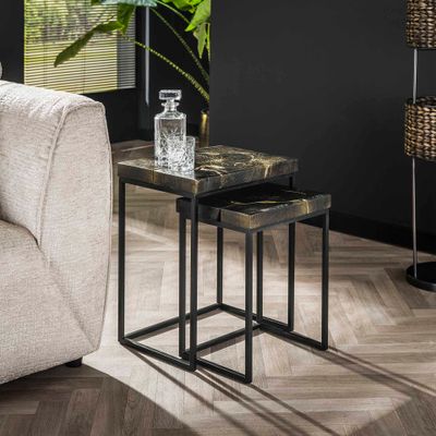 LifestyleFurn Bijzettafel 'Kaeo' Teakhout, Set van 2 stuks, kleur Zwart/Goud