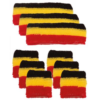 Faram Zweetbandjes set - 6x - zwart/geel/rood - verkleed accessoires - hoofd en pols - Belgie