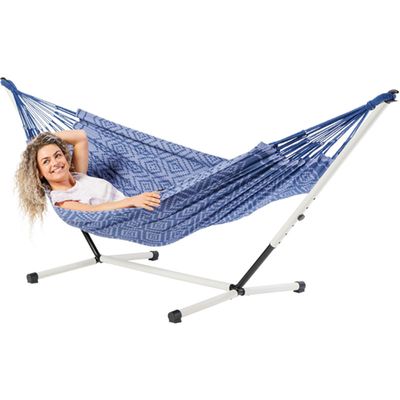 Eenpersoons hangmat met metalen standaard - 300x140cm - Paars - 120kg draagkracht- 100% katoen - binnen & buiten