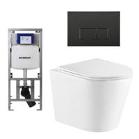 QeramiQ Dely Toiletset - 36.3x51.7cm - diepspoel - rimless - Geberit UP320 Burda inbouwreservoir - softclose toiletzitting - mat zwarte bedieningsplaat - rechtehoekige knoppen - wit mat SW543432/0701131/SW706189