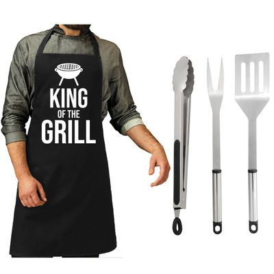 BBQ/barbecue gereedschap set 3-delig RVS met zwart schort King of the grill