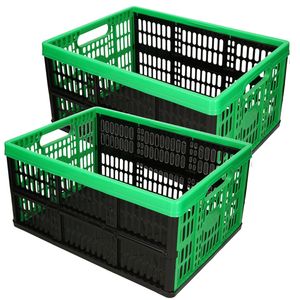 Forte Plastics 2x stuks boodschappen kratten opvouwbaar zwart/groen 48 x 35 x 24 cm