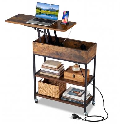 Bijzettafel met Hefplaat en Oplaadstation Verrijdbare Salontafel met Verborgen Opbergruimte en Open Planken