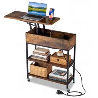 Bijzettafel met Hefplaat en Oplaadstation Verrijdbare Salontafel met Verborgen Opbergruimte en Open Planken