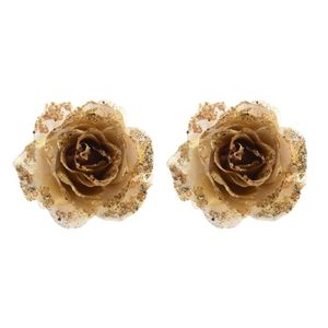 8x stuks gouden glitter rozen met clip 14 cm