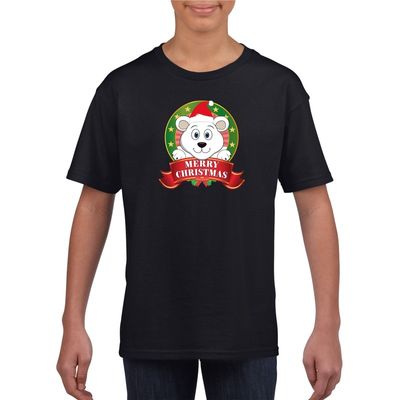 Zwart Kerst t-shirt voor kinderen met een ijsbeer Zwart Kerst t-shirt voor kinderen met een ijsbeer